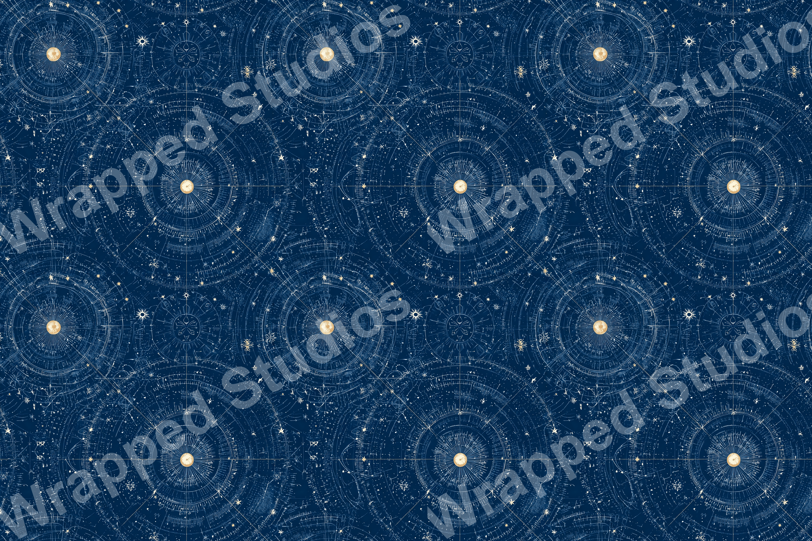 Navy celestial pattern with gold stars and astrological chart designs.
