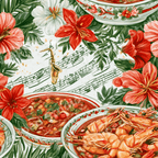 Vintage tropical floral pattern with red hibiscus, sheet music, and cajun shrimp gumbo bowls.