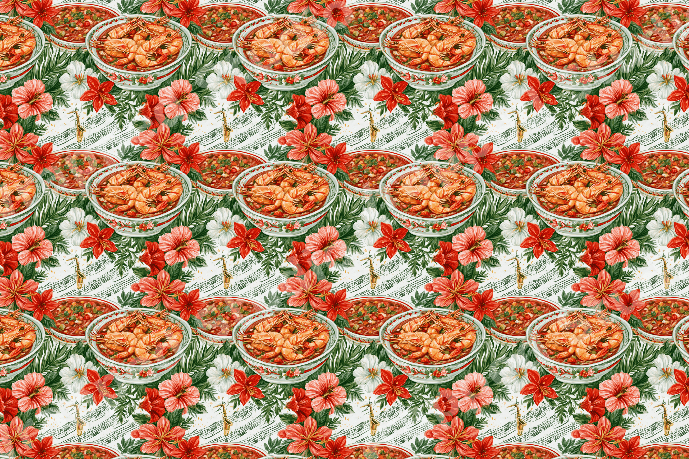 Vintage Cajun gumbo and jazz music pattern with shrimp bowls, red hibiscus flowers, and saxophones.