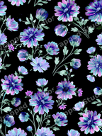 Seamless botanical floral pattern with vibrant purple and blue painted flowers on a black background.