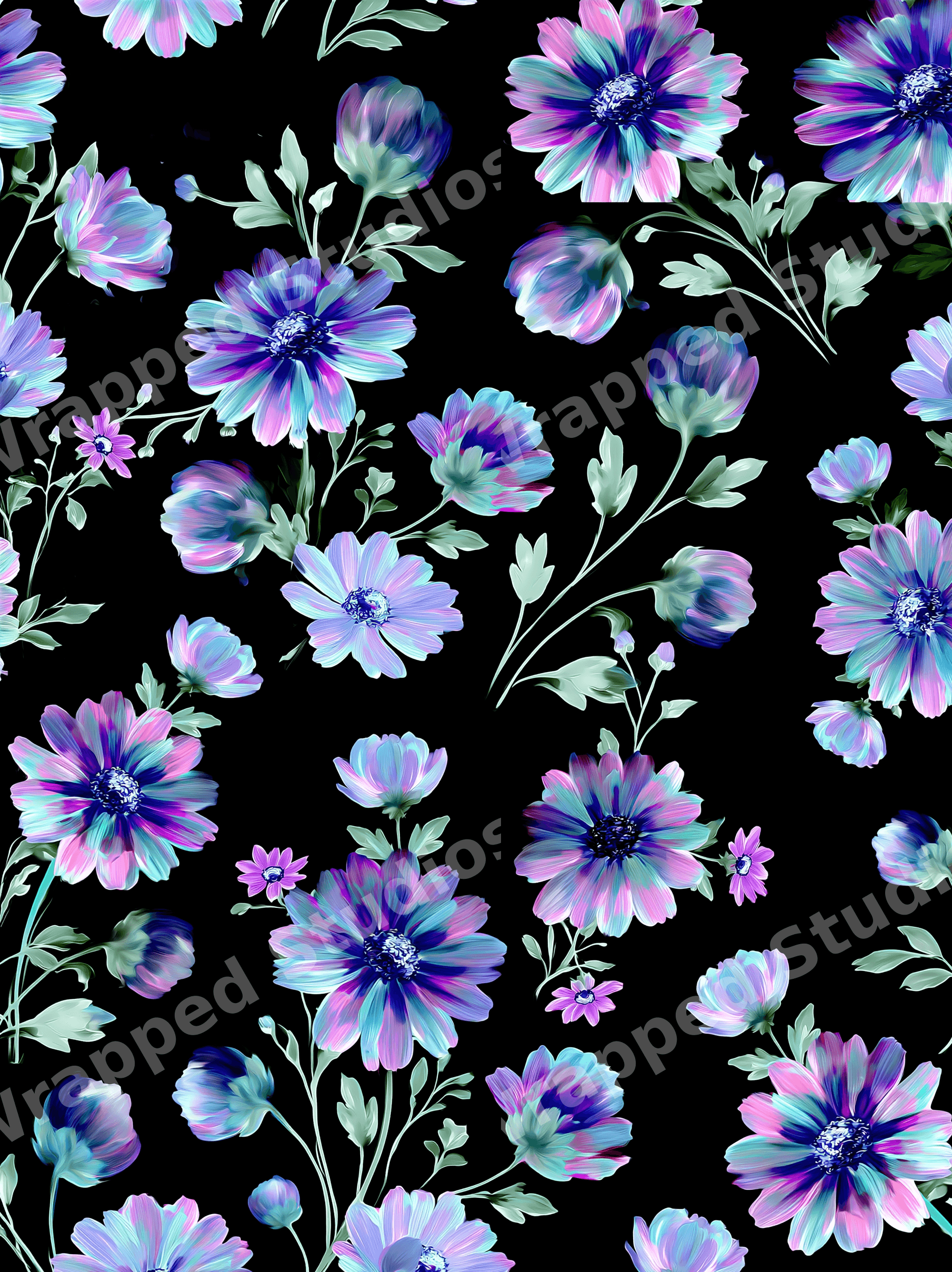 Seamless botanical floral pattern with vibrant purple and blue painted flowers on a black background.