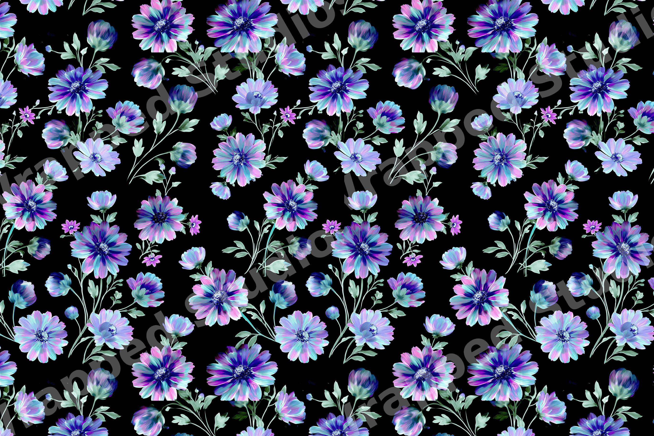 Modern dark floral pattern featuring vibrant blue and purple flowers on a black background.