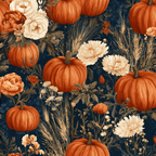 Vintage botanical pattern with orange pumpkins and cream flowers on a dark navy background.