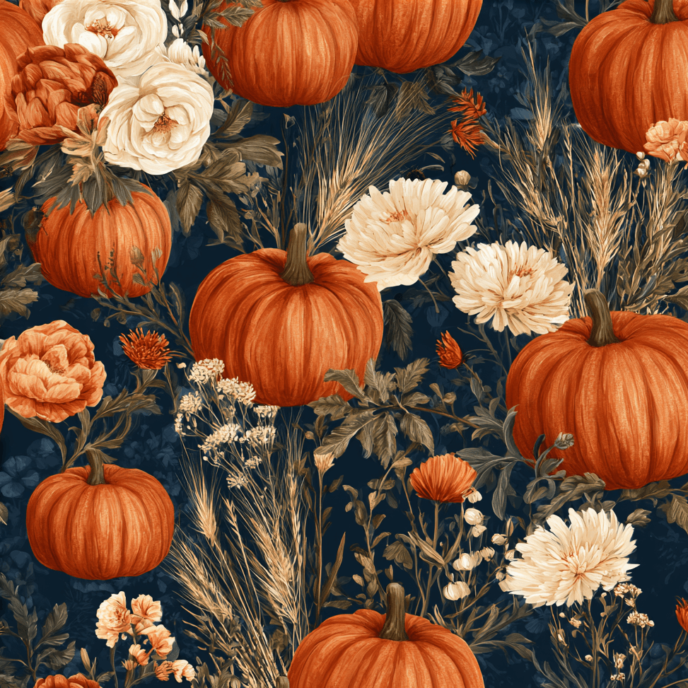 Vintage botanical pattern with orange pumpkins and cream flowers on a dark navy background.