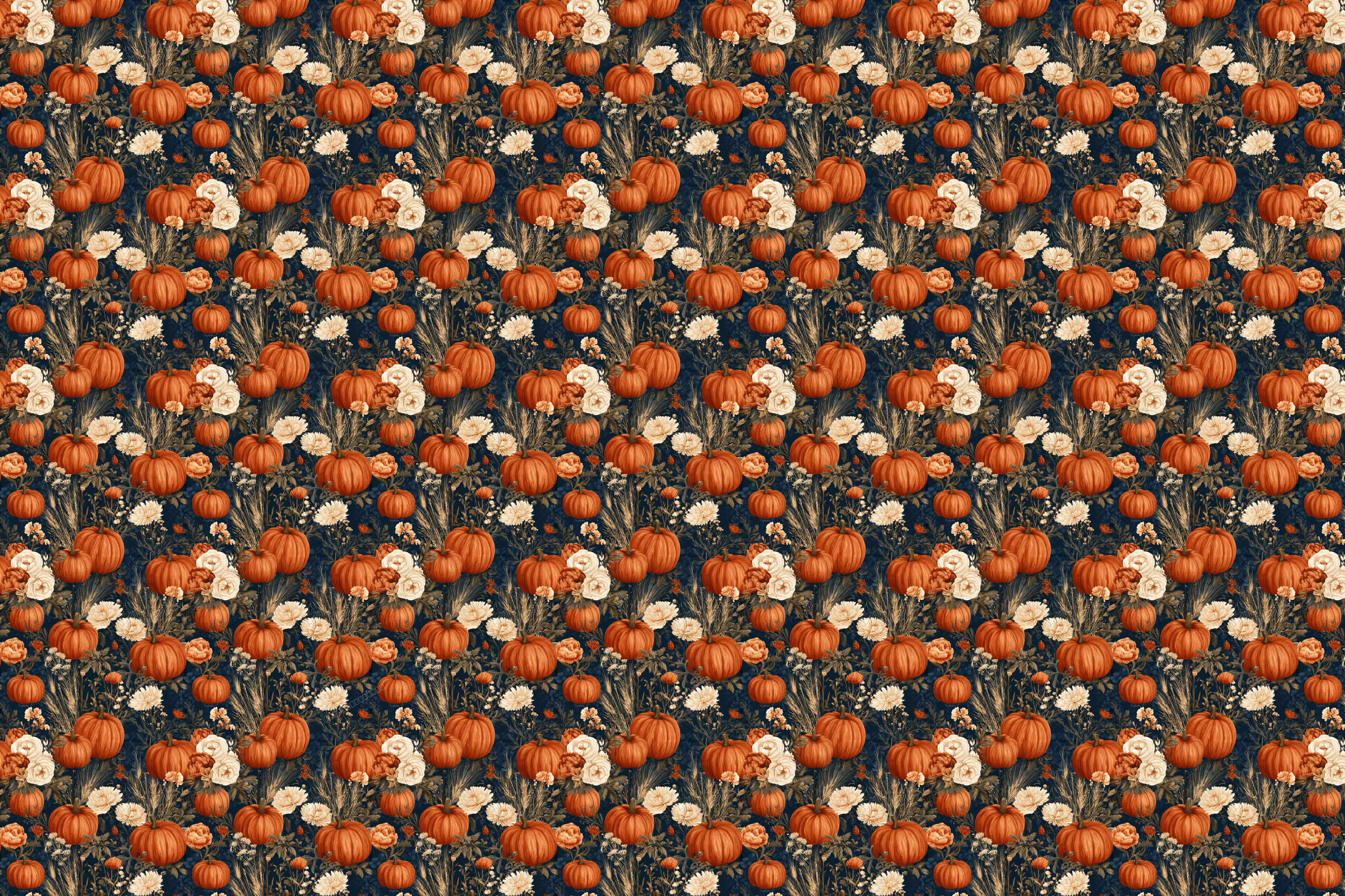 Vintage autumn pumpkin and floral pattern with cream flowers and wheat on a dark navy blue background.