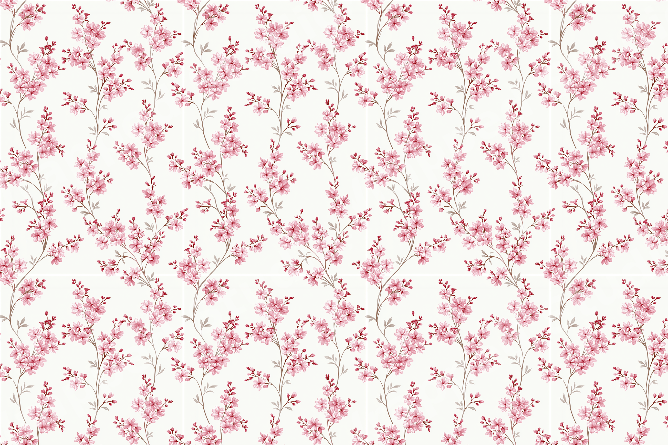 Elegant pink cherry blossom floral pattern with delicate vintage botanical branches on a cream background.