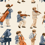Vintage watercolor musical pattern featuring boys playing violin, cello, piano, and saxophone on cream.