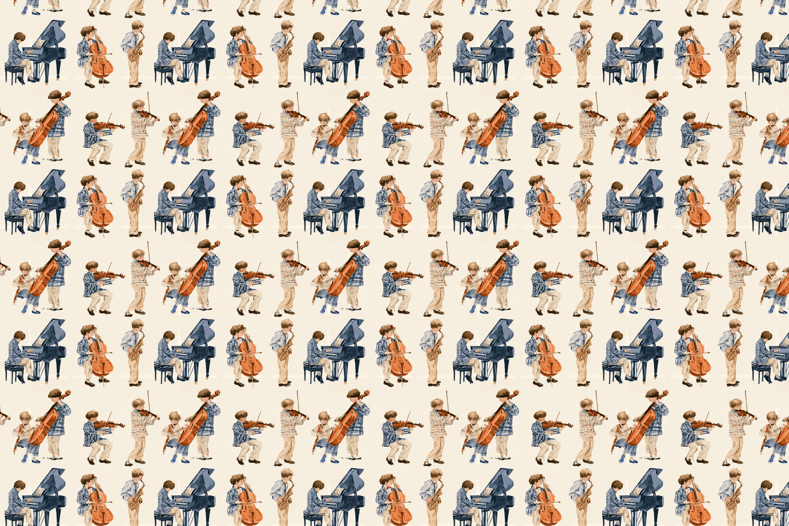 Vintage musical pattern of watercolor boys playing piano and cello on a warm cream background.