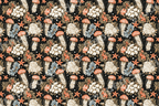Vintage jellyfish and floral pattern with orange starfish and marine botanicals on a black background.