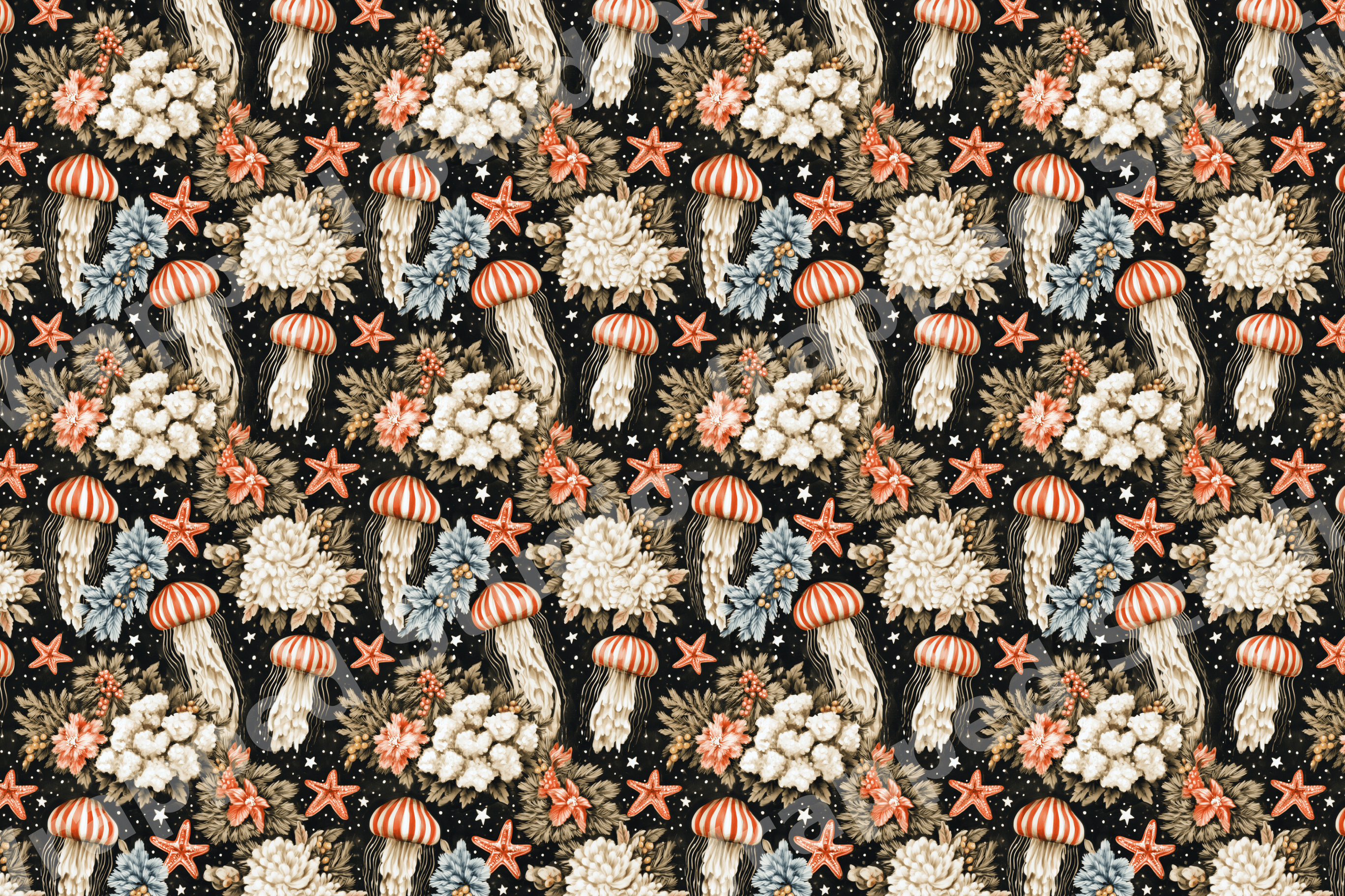 Vintage jellyfish and floral pattern with orange starfish and marine botanicals on a black background.