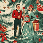 Vintage 1950s Christmas pattern featuring a retro couple and green pine branches.