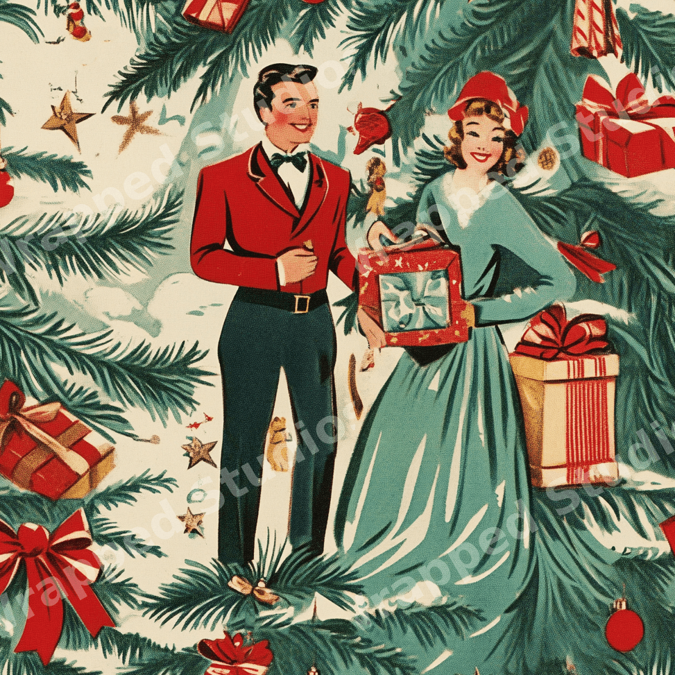 Vintage 1950s Christmas pattern featuring a retro couple and green pine branches.