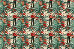 Retro 1950s Christmas pattern featuring a festive couple, pine branches, and red ornaments on cream.