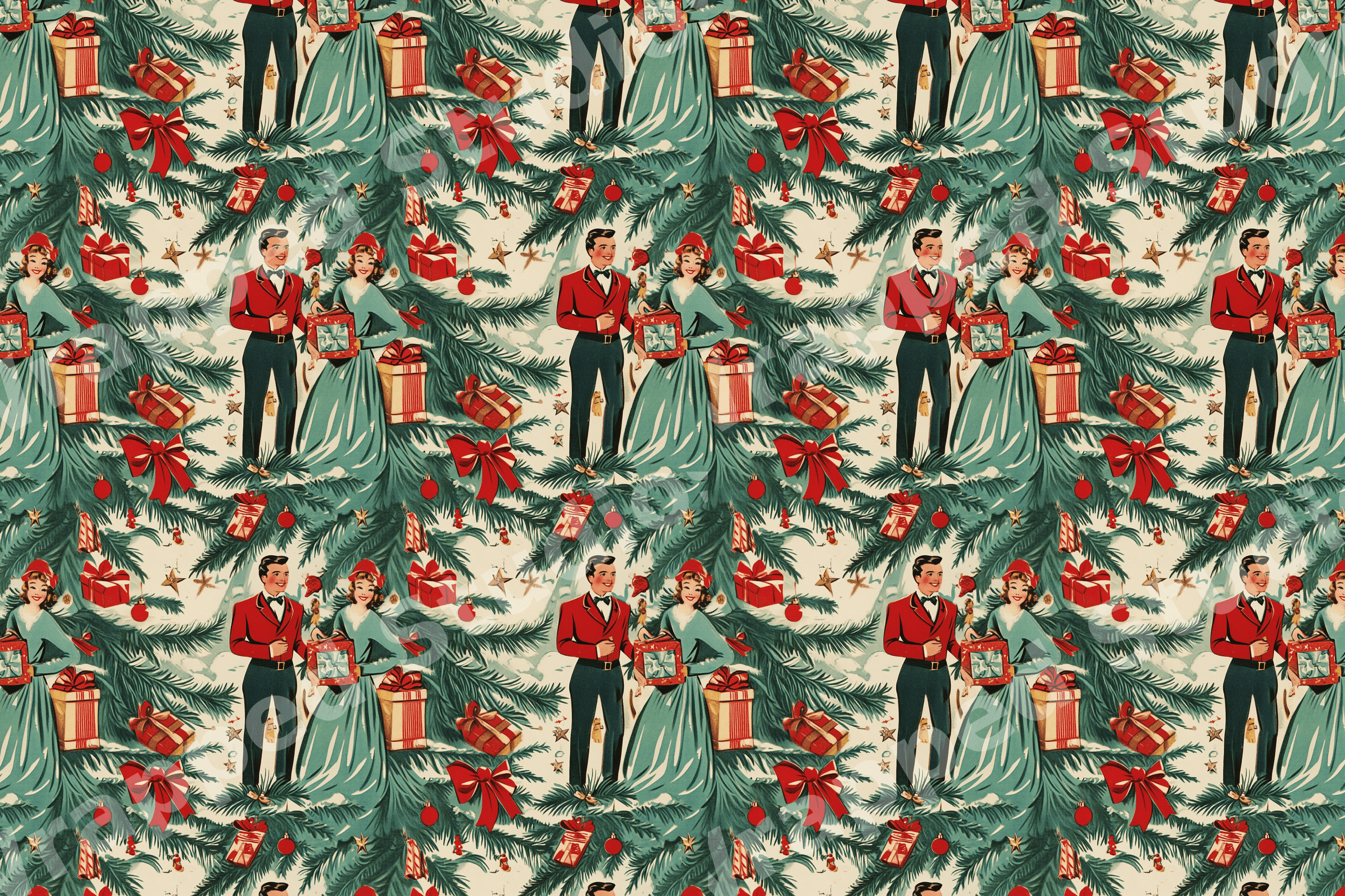 Retro 1950s Christmas pattern featuring a festive couple, pine branches, and red ornaments on cream.