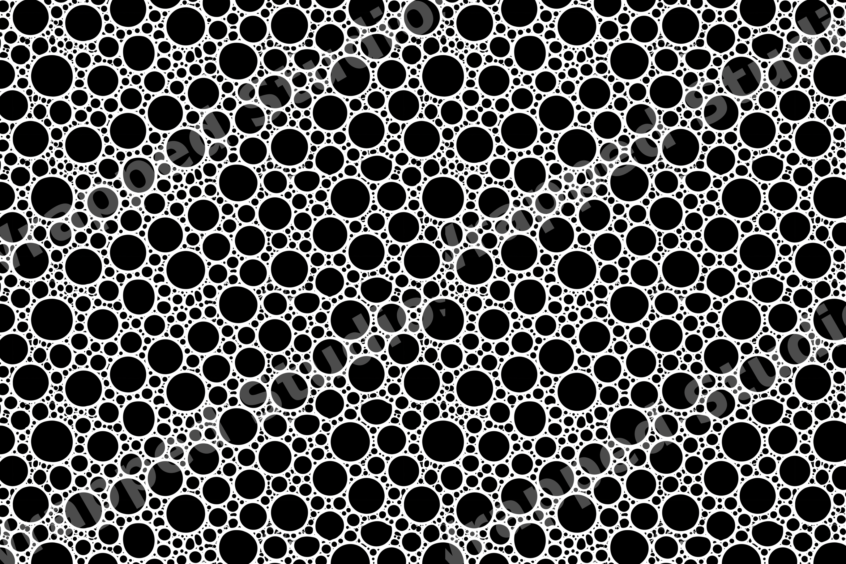 Modern abstract print with a seamless black and white geometric pattern of circular bubbles.