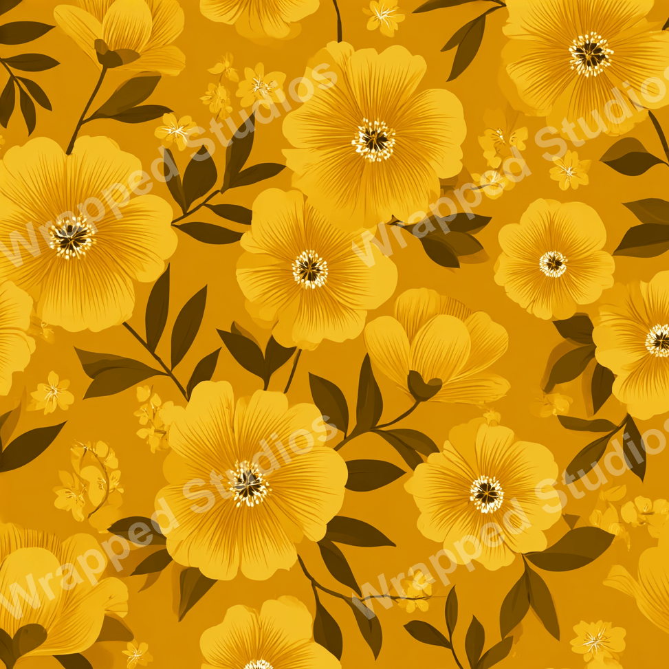 Seamless floral pattern with golden yellow flowers and brown leaves on a gold background.