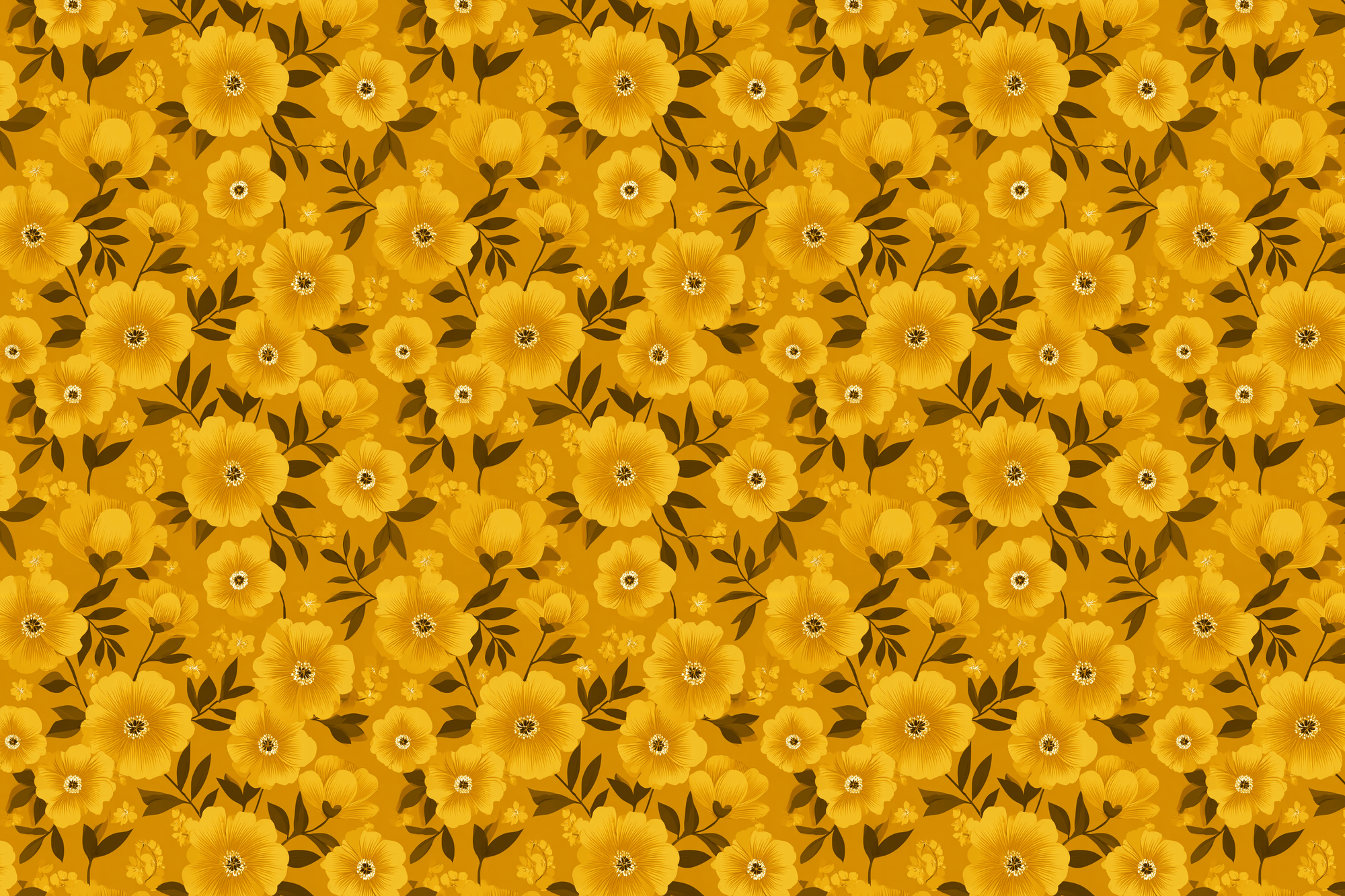Cute pattern of yellow flowers with green leaves on a yellow background. Wrapped Studios wrapping paper