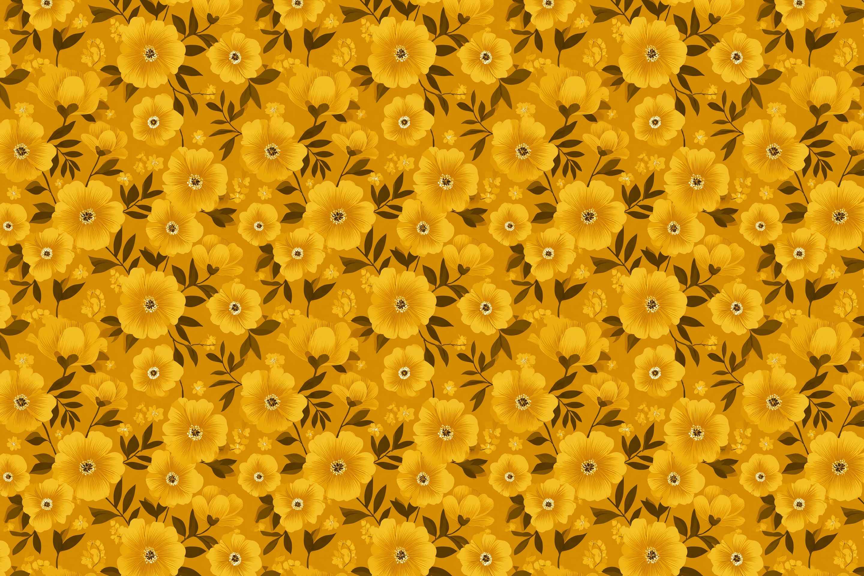 Cute pattern of yellow flowers with green leaves on a yellow background. Wrapped Studios wrapping paper