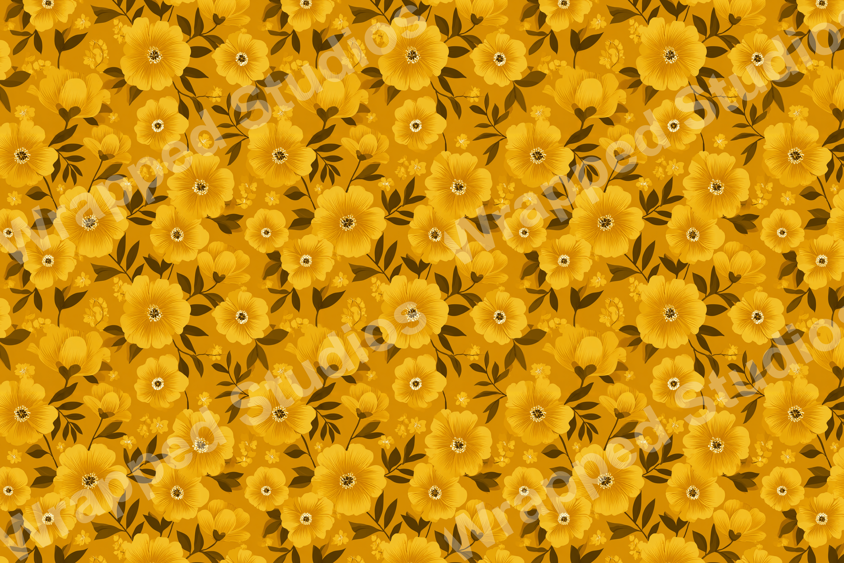 Seamless floral pattern with large yellow flowers and dark foliage on an ochre background.