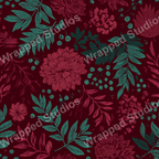 Detailed floral pattern with leaves and berries in shades of maroon and teal.