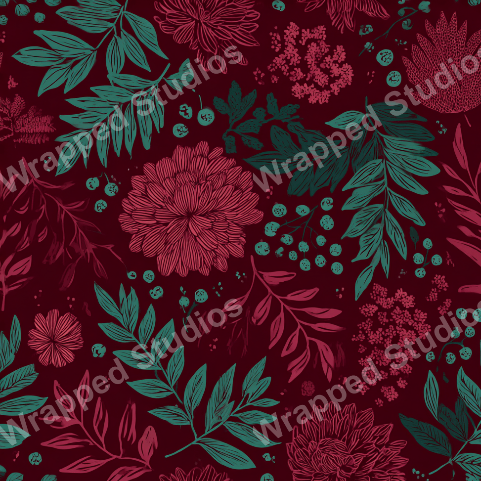 Detailed floral pattern with leaves and berries in shades of maroon and teal.