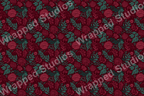 Elegant floral pattern with deep red flowers, teal leaves, and berry accents.