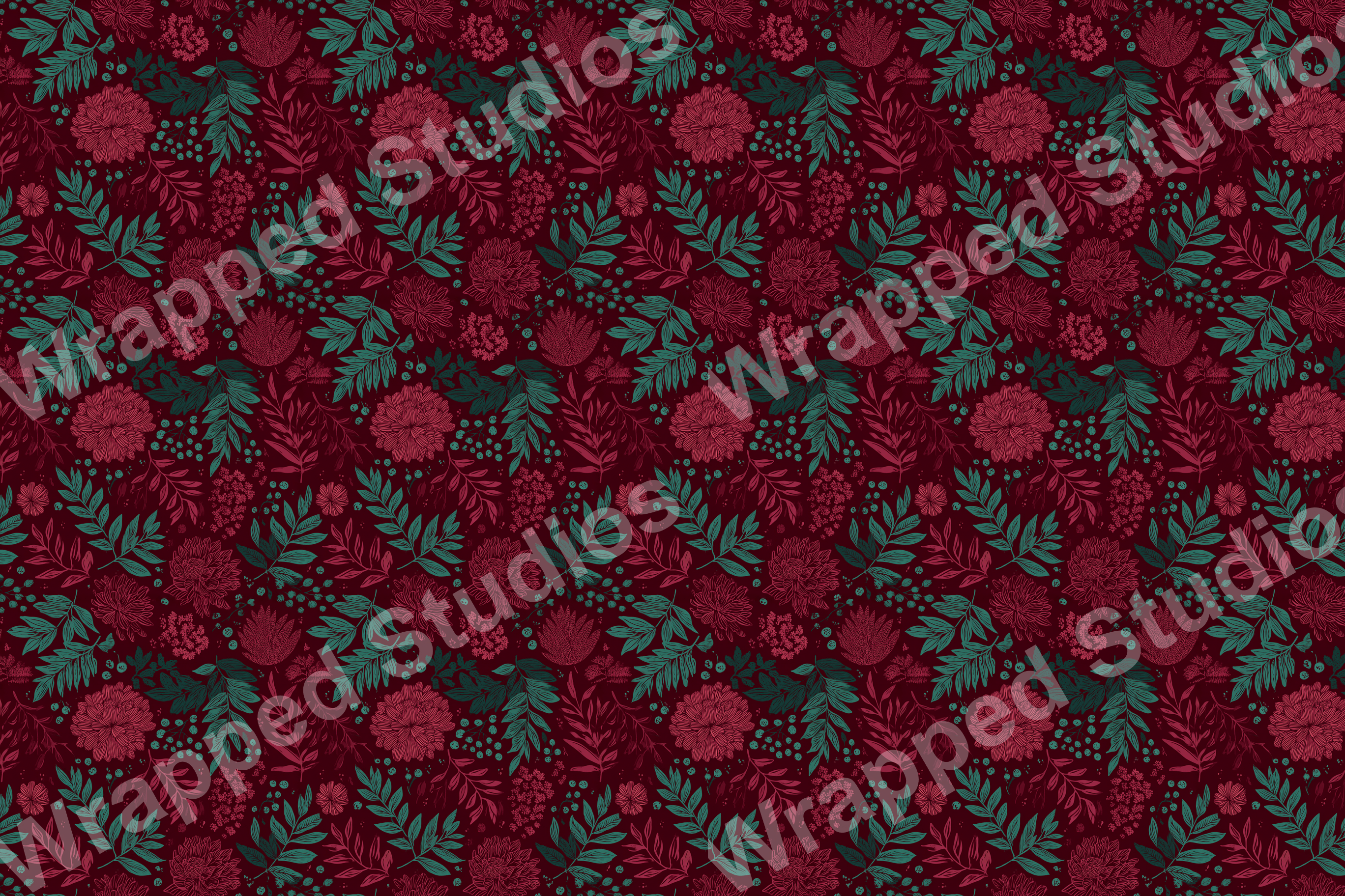 Elegant floral pattern with deep red flowers, teal leaves, and berry accents.