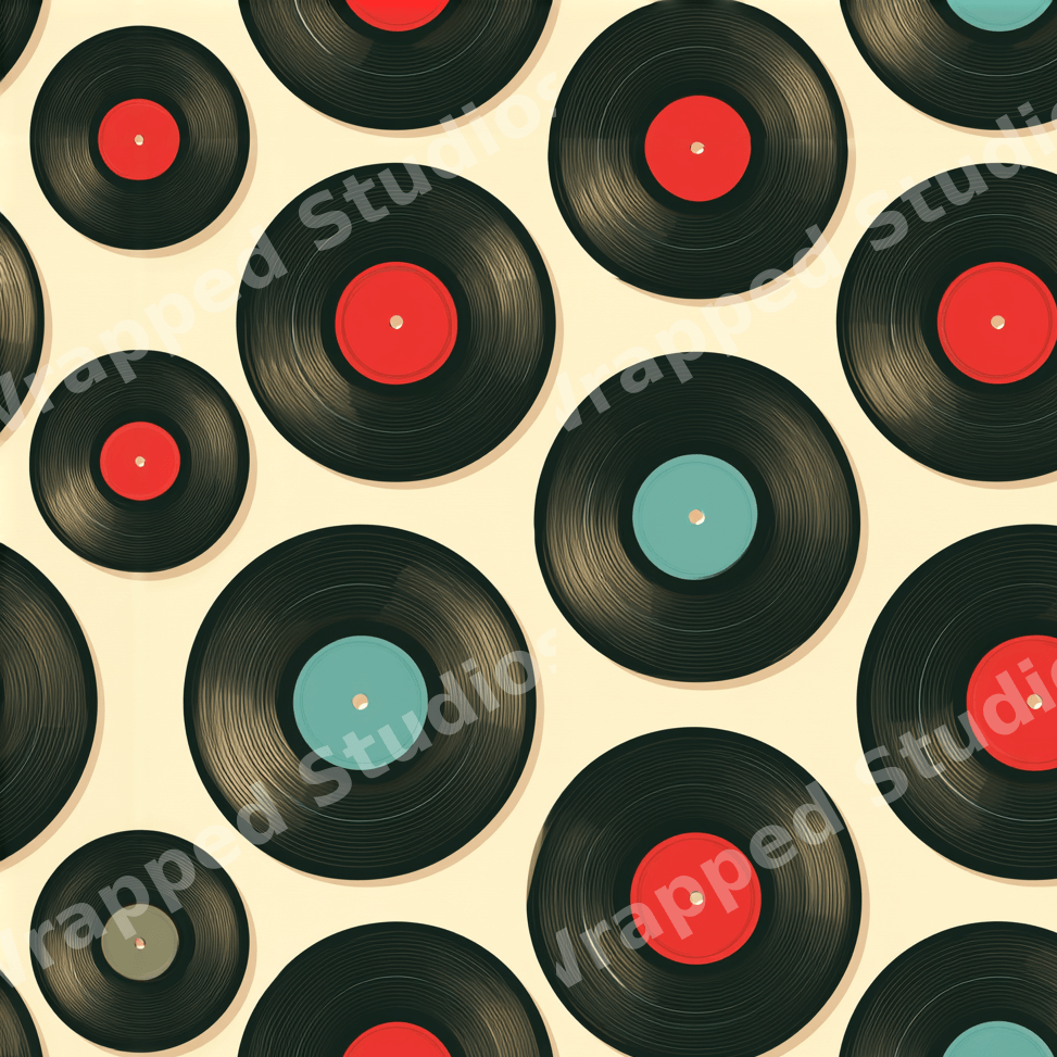 Retro vinyl record seamless pattern with black LP discs and colorful labels on a cream background.