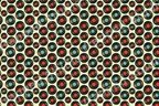 Retro vinyl record pattern featuring black music LPs with red and teal labels on a cream background.