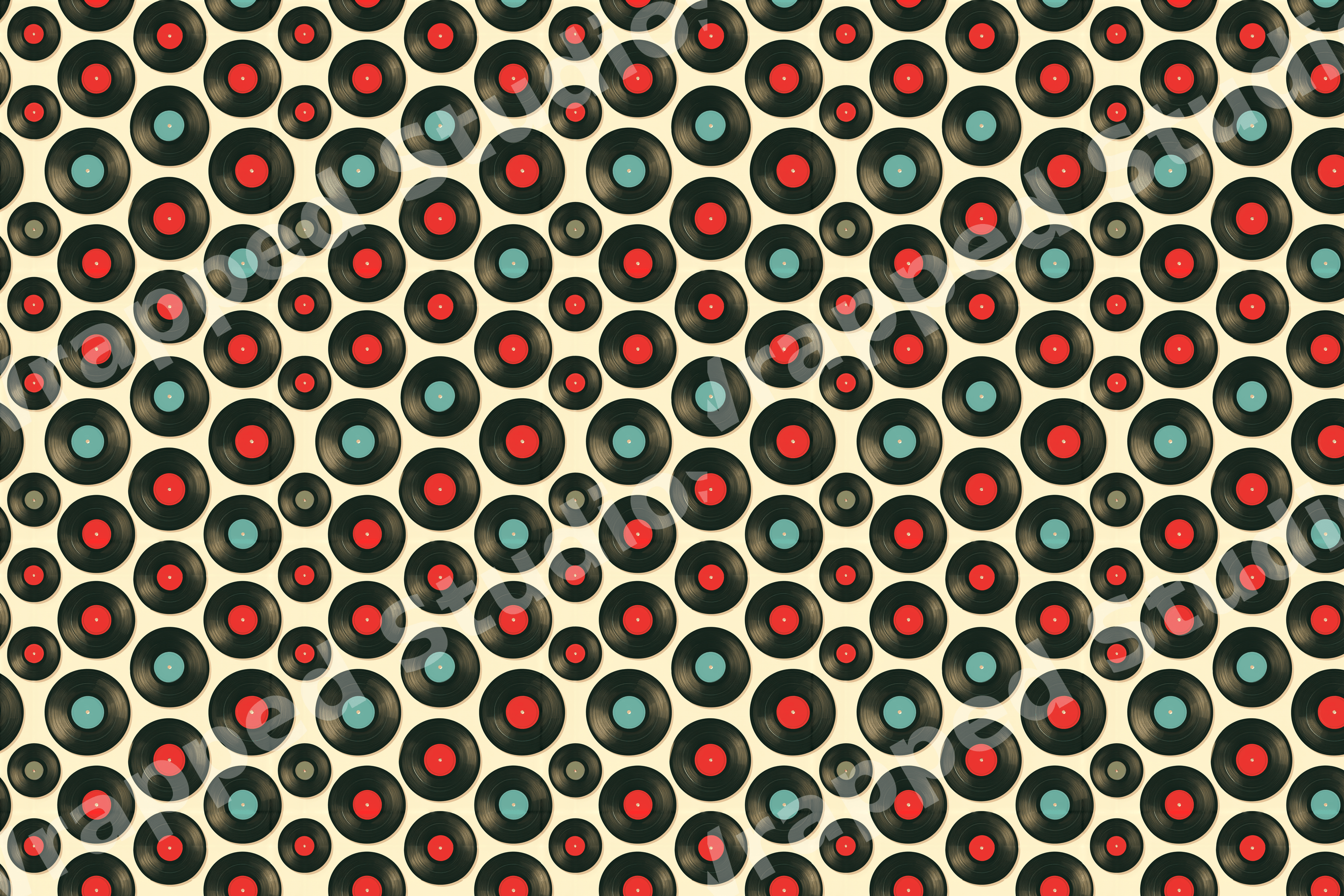 Retro vinyl record pattern featuring black music LPs with red and teal labels on a cream background.