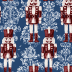 Vintage nutcracker Christmas pattern with red watercolor soldiers and blue damask florals on navy blue.