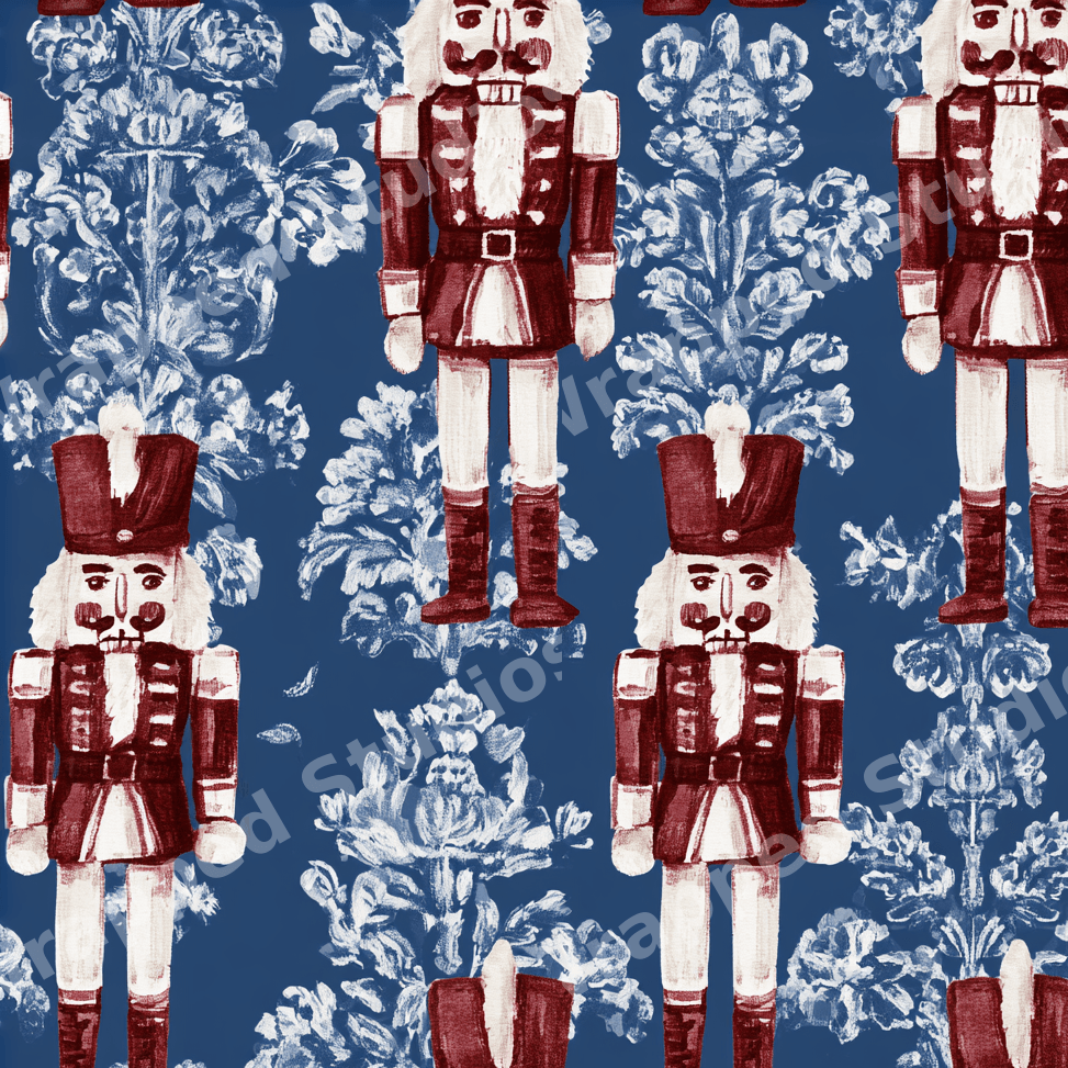 Vintage nutcracker Christmas pattern with red watercolor soldiers and blue damask florals on navy blue.