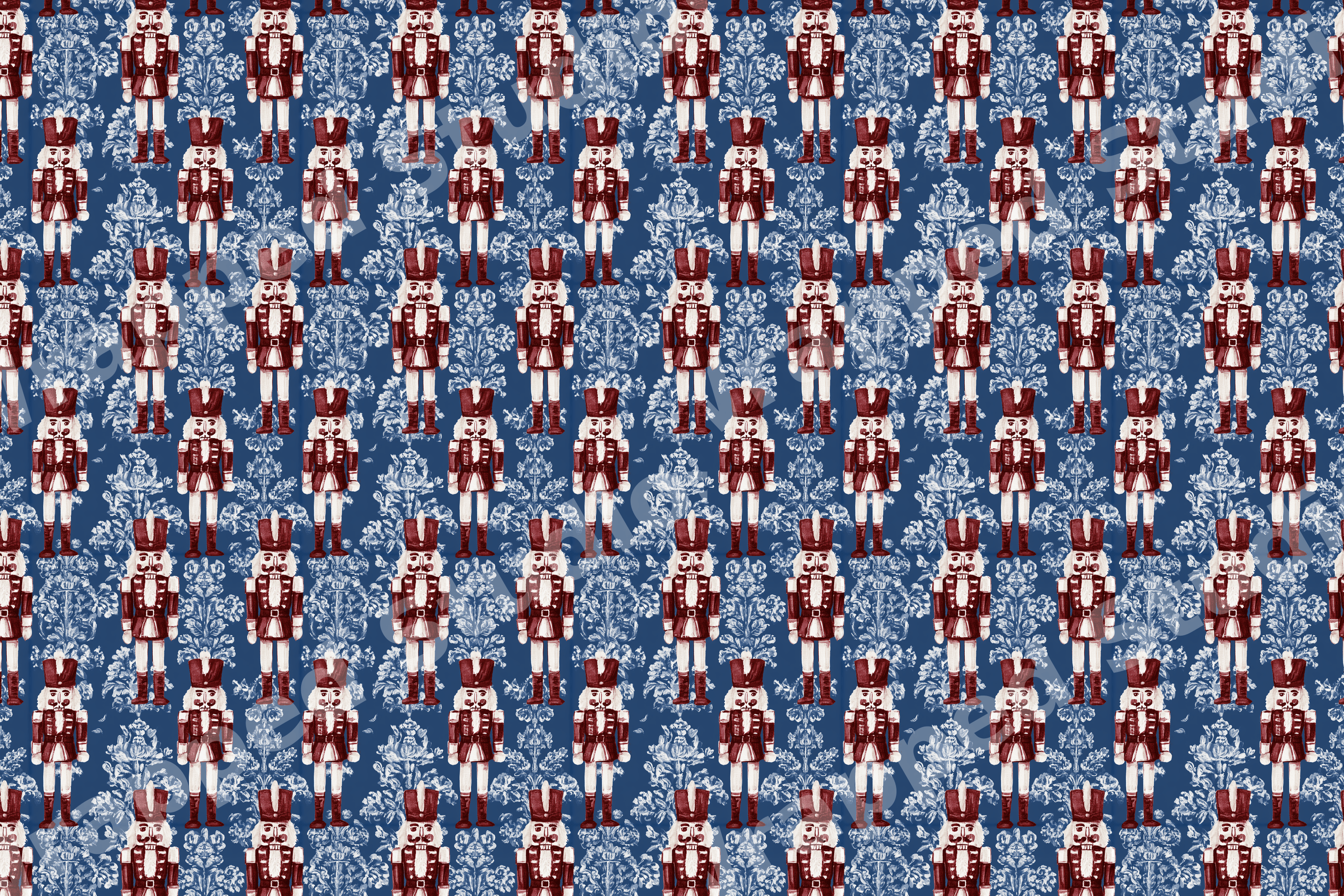 Vintage Christmas nutcracker pattern with burgundy soldiers on a navy blue damask background.