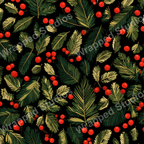 Dark green and gold pine needles with bright red berries form a festive holiday botanical pattern.