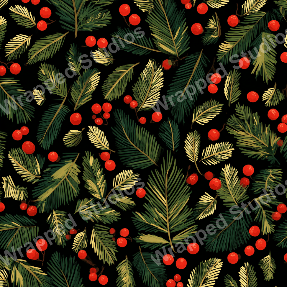 Dark green and gold pine needles with bright red berries form a festive holiday botanical pattern.