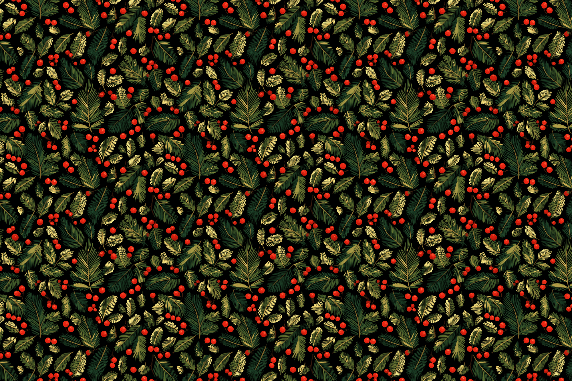 Pattern of green leaves and red berries on a dark green background. Wrapped Studios wrapping paper