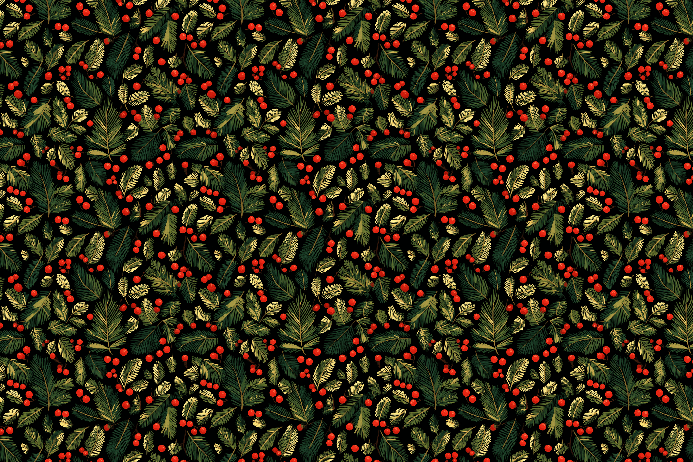 Pattern of green leaves and red berries on a dark green background. Wrapped Studios wrapping paper