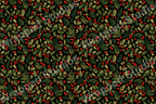 Seamless botanical pattern with red berries and green pine branches on a black background.