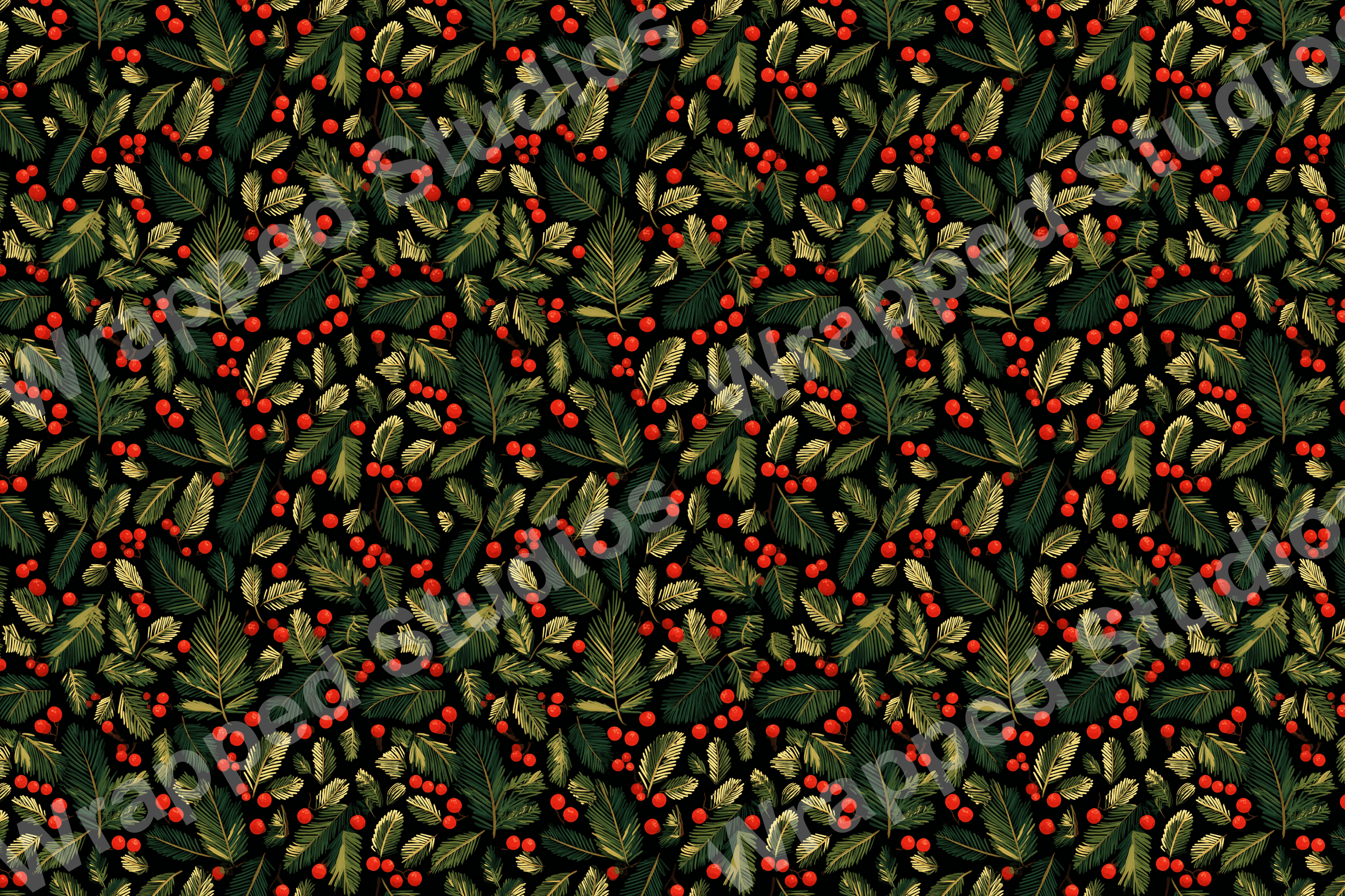 Seamless botanical pattern with red berries and green pine branches on a black background.