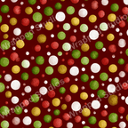 Playful geometric pattern with green, red, gold, and white polka dots on a dark red background.
