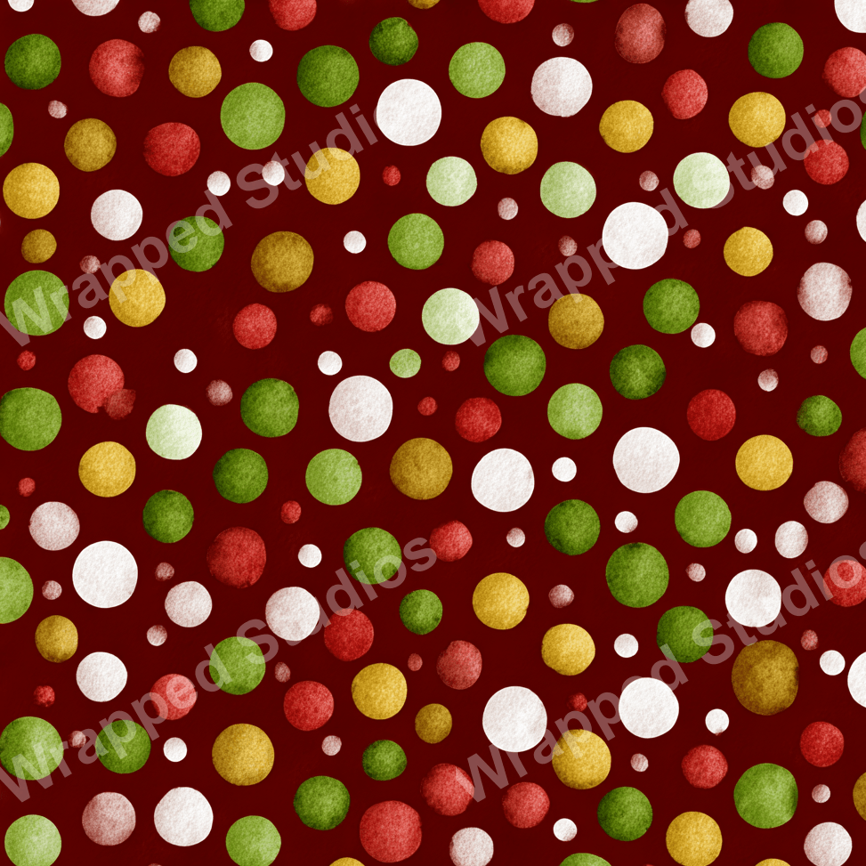 Playful geometric pattern with green, red, gold, and white polka dots on a dark red background.