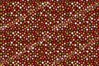 Seamless polka dot pattern with red, green, gold, and white circles on a dark red background.