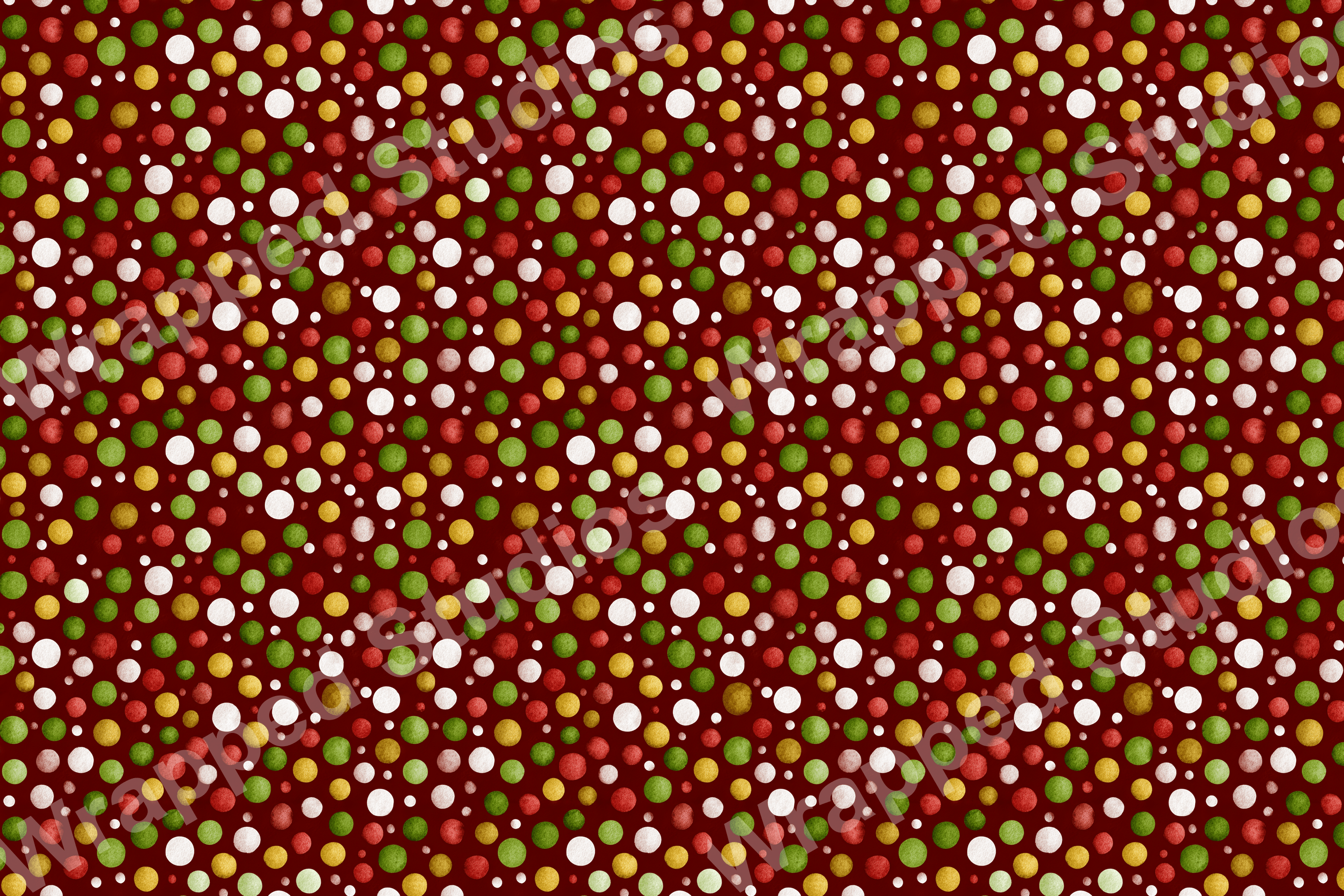 Seamless polka dot pattern with red, green, gold, and white circles on a dark red background.