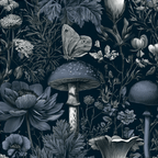 Moody dark blue botanical pattern with vintage illustrations of mushrooms, butterflies, and wildflowers.
