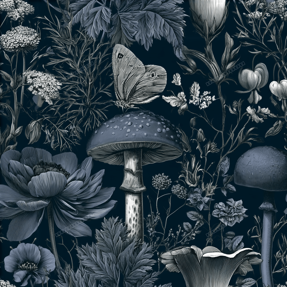 Moody dark blue botanical pattern with vintage illustrations of mushrooms, butterflies, and wildflowers.