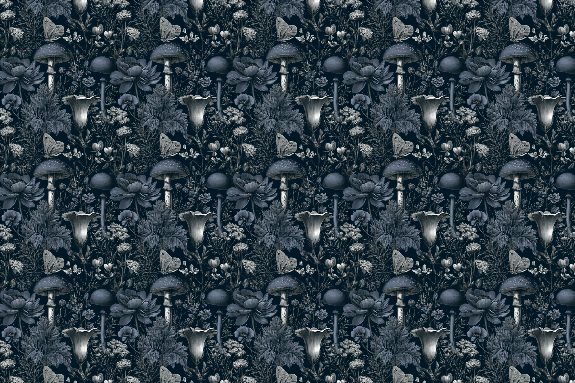 Moody Mushrooms: Dark Blue Botanical Wrapping Paper