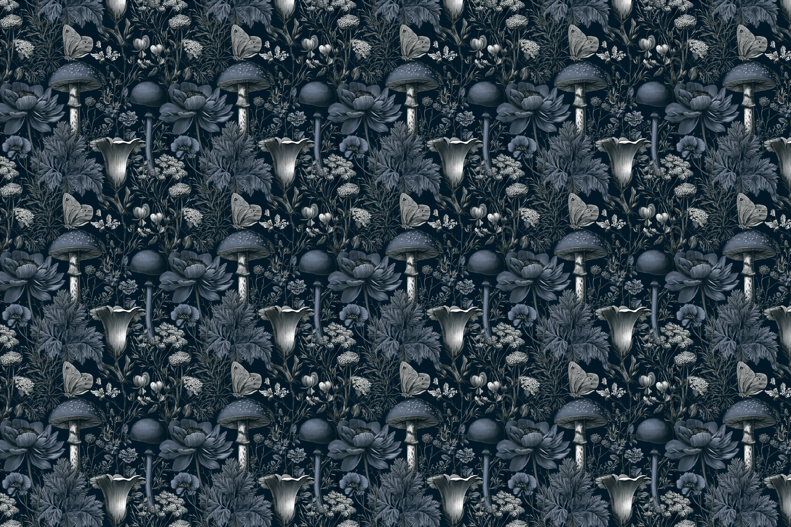 Dark cottagecore seamless pattern with vintage botanical mushrooms, butterflies, and wildflowers in navy.