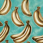 Vintage tropical banana pattern with illustrated gold bananas on a textured turquoise background.