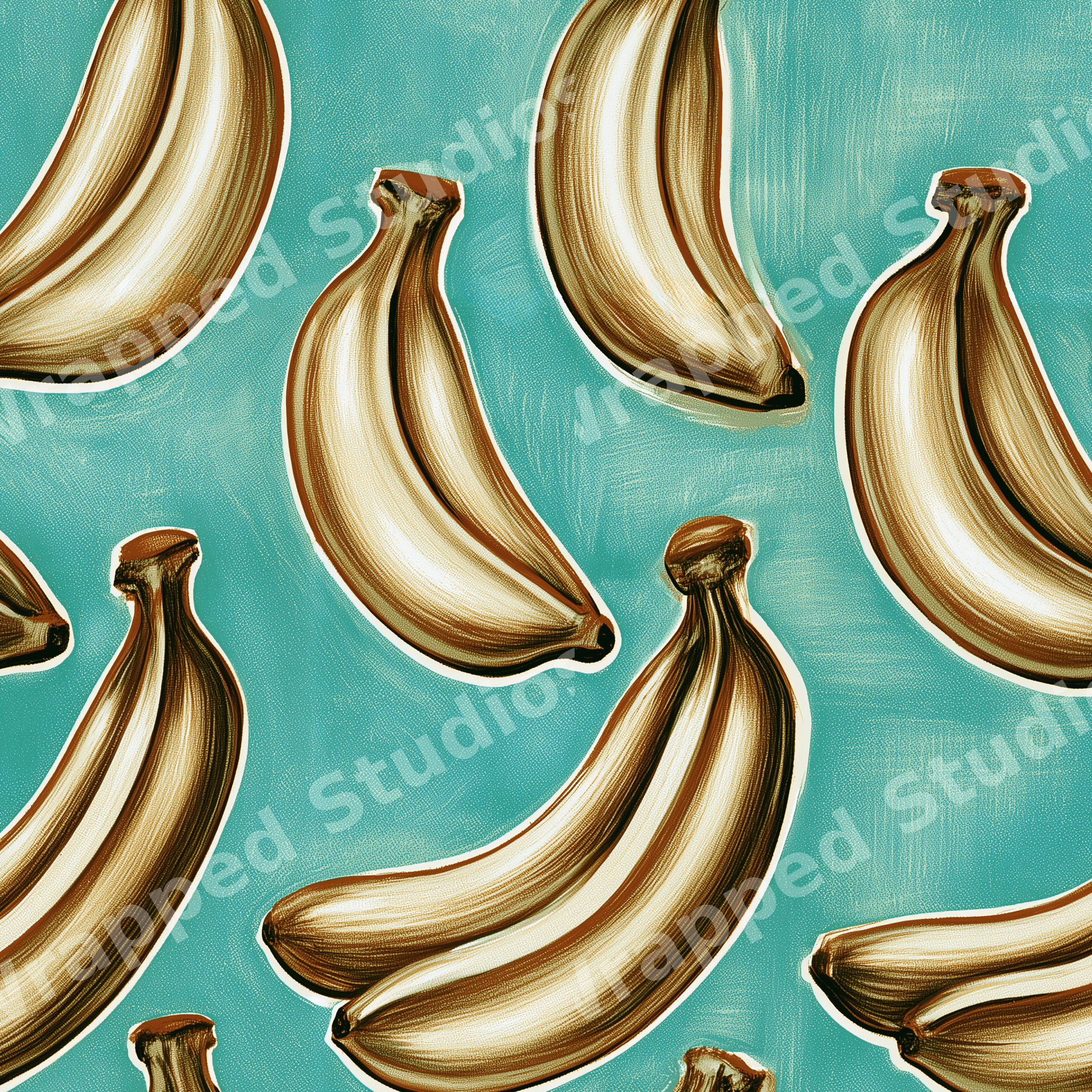 Vintage tropical banana pattern with illustrated gold bananas on a textured turquoise background.