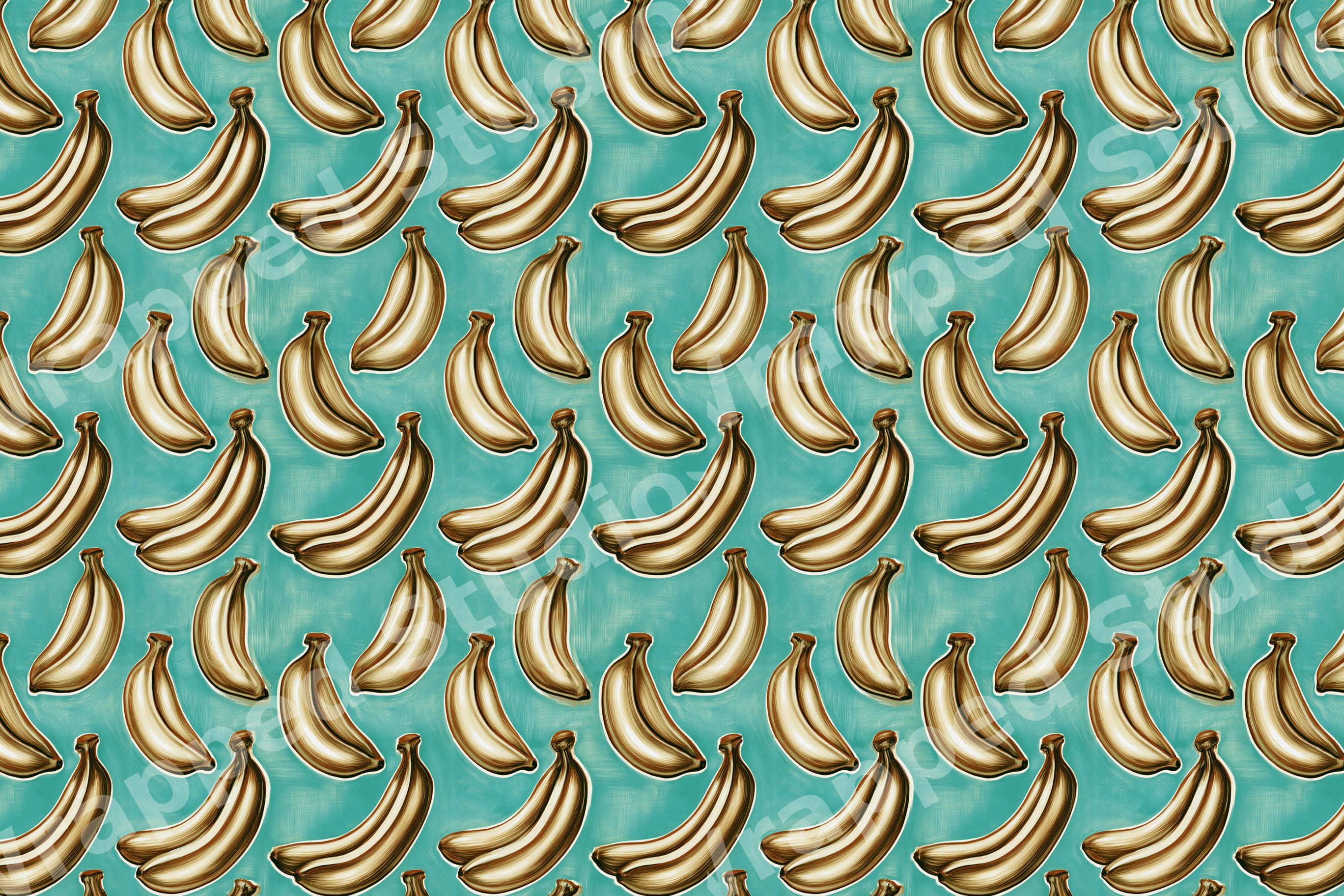 Retro tropical banana pattern with golden illustrated fruit on a textured teal background.
